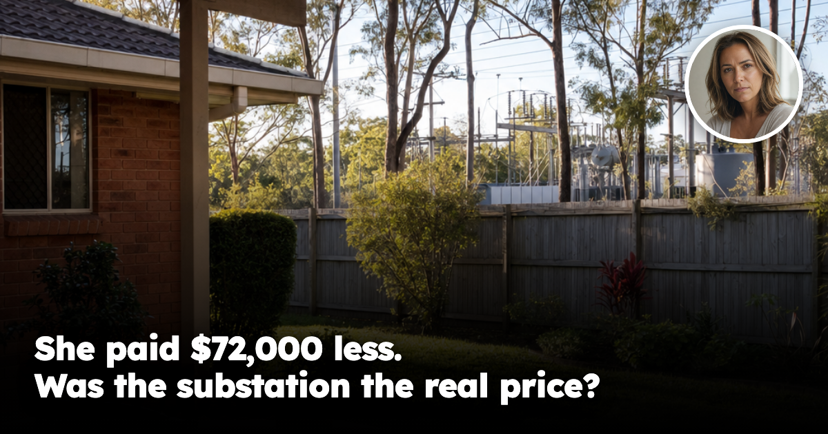Australian suburban backyard beside a fenced electricity substation with a woman inset