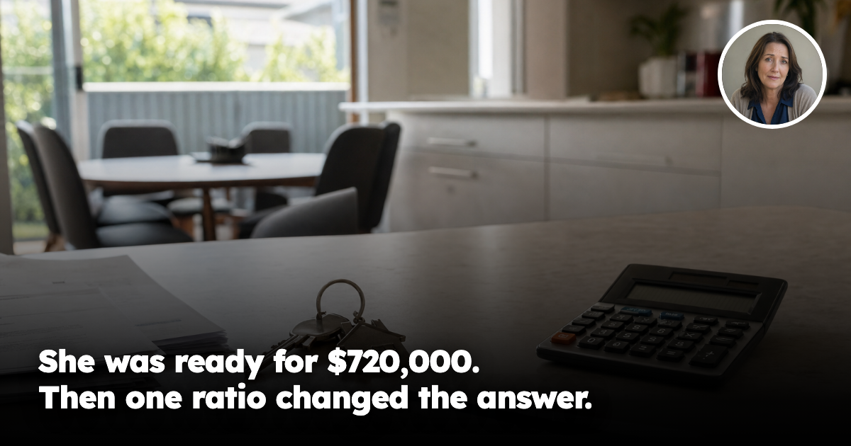 Australian kitchen table with house keys and calculator, plus a female headshot inset