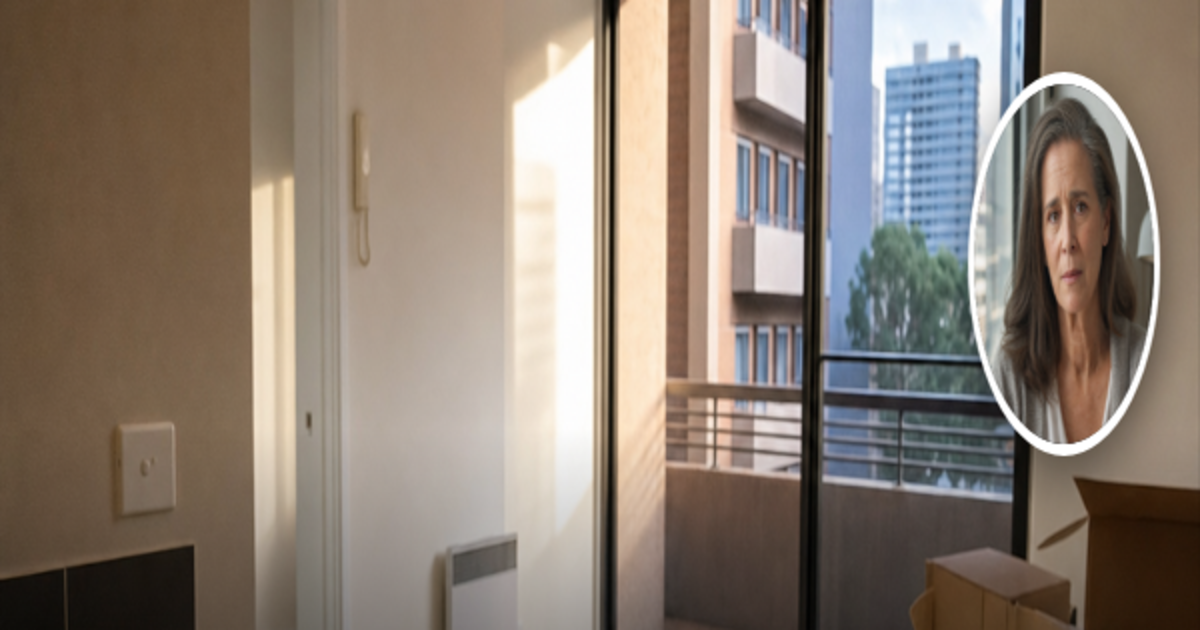 Empty Australian apartment living room with moving boxes and female headshot inset