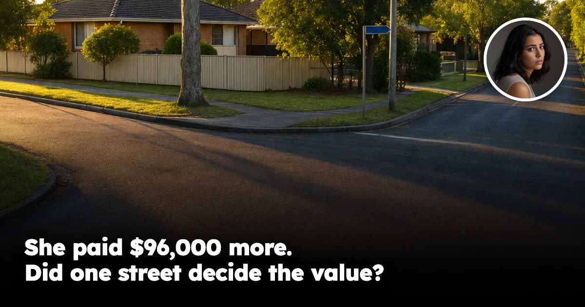 Australian suburban intersection where a school-zone boundary separates similar homes with a woman inset
