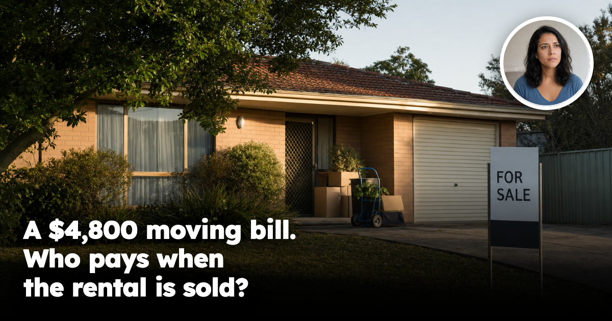 Australian rental house with a For Sale sign, moving boxes and female renter headshot inset