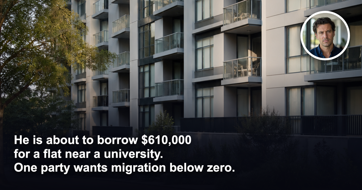 Three parties, three migration numbers. Does his $610,000 apartment still work under all of them?