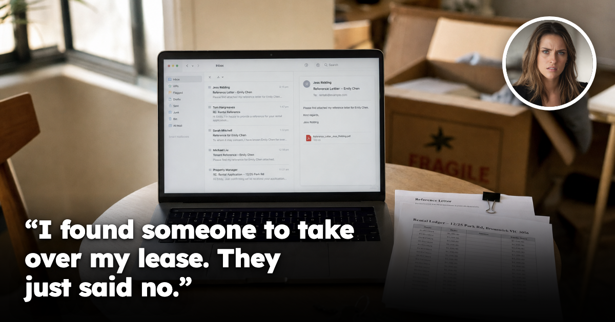 A laptop showing an email inbox beside a clipped stack of rental references and a set of keys, with a half-packed moving box behind