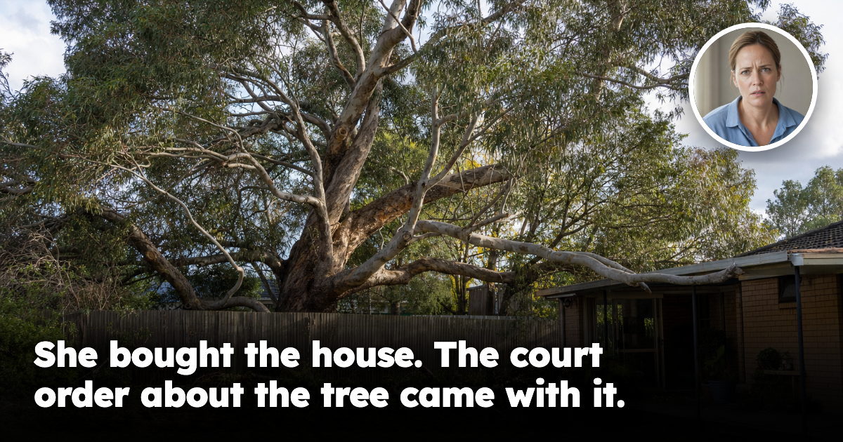 A large mature tree overhanging a suburban timber boundary fence into a backyard