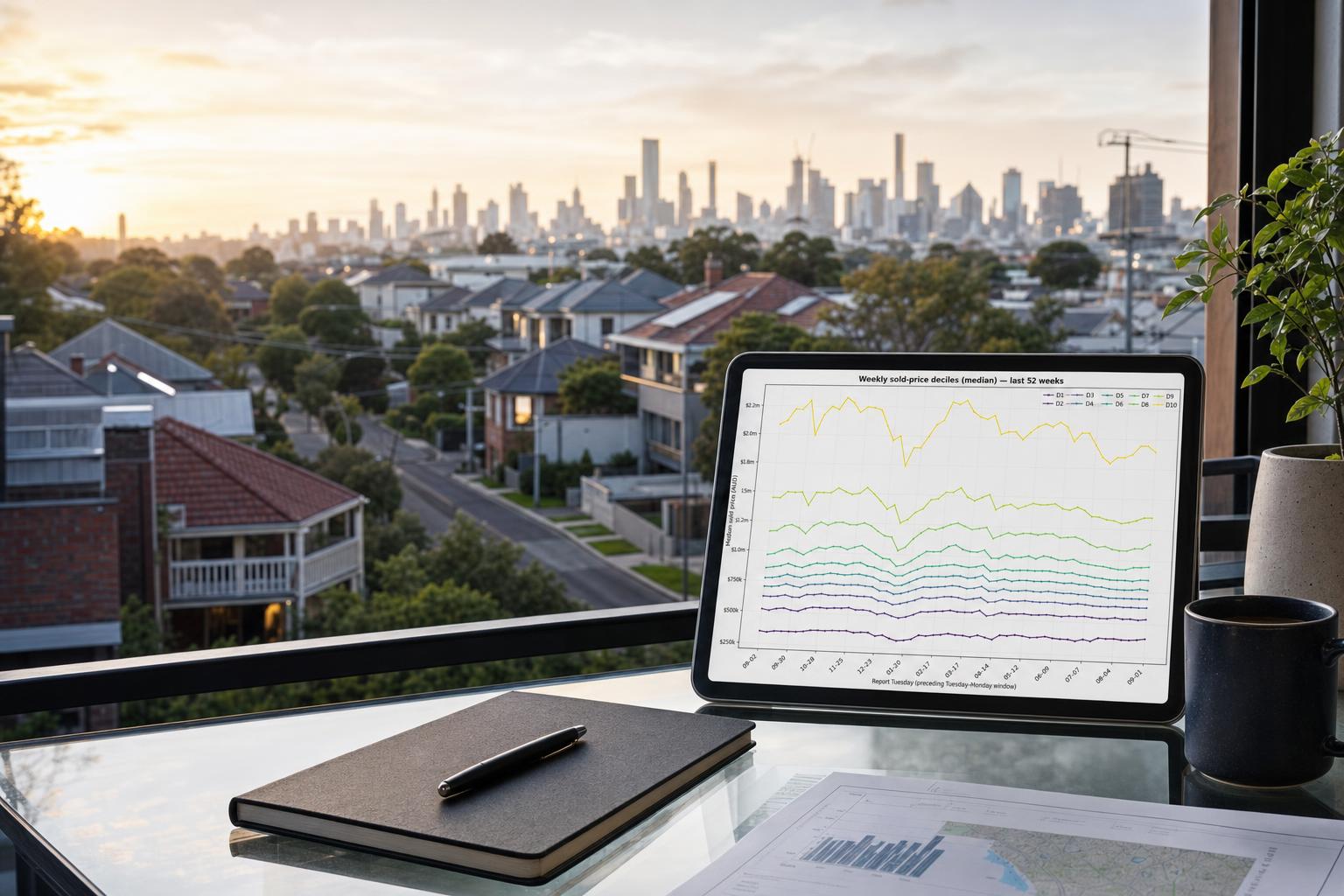 Australian property investment research scene with weekly sold-price decile chart inset
