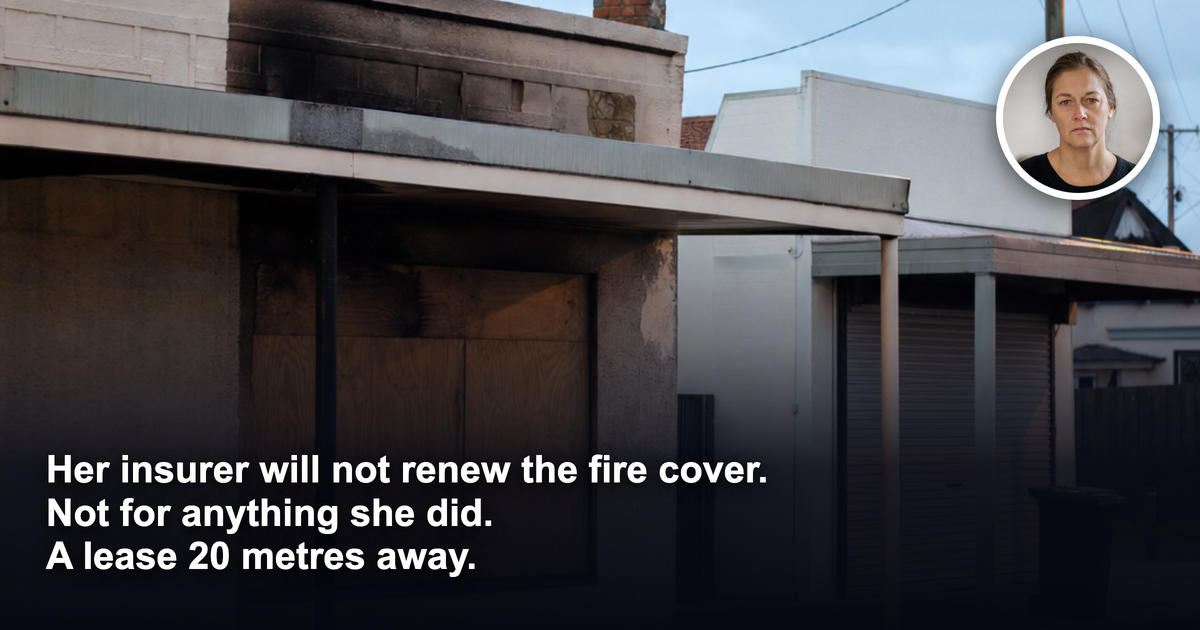 A boarded-up and fire-damaged shopfront beside an intact shop with its roller shutter down on a wet suburban Australian retail strip at dusk