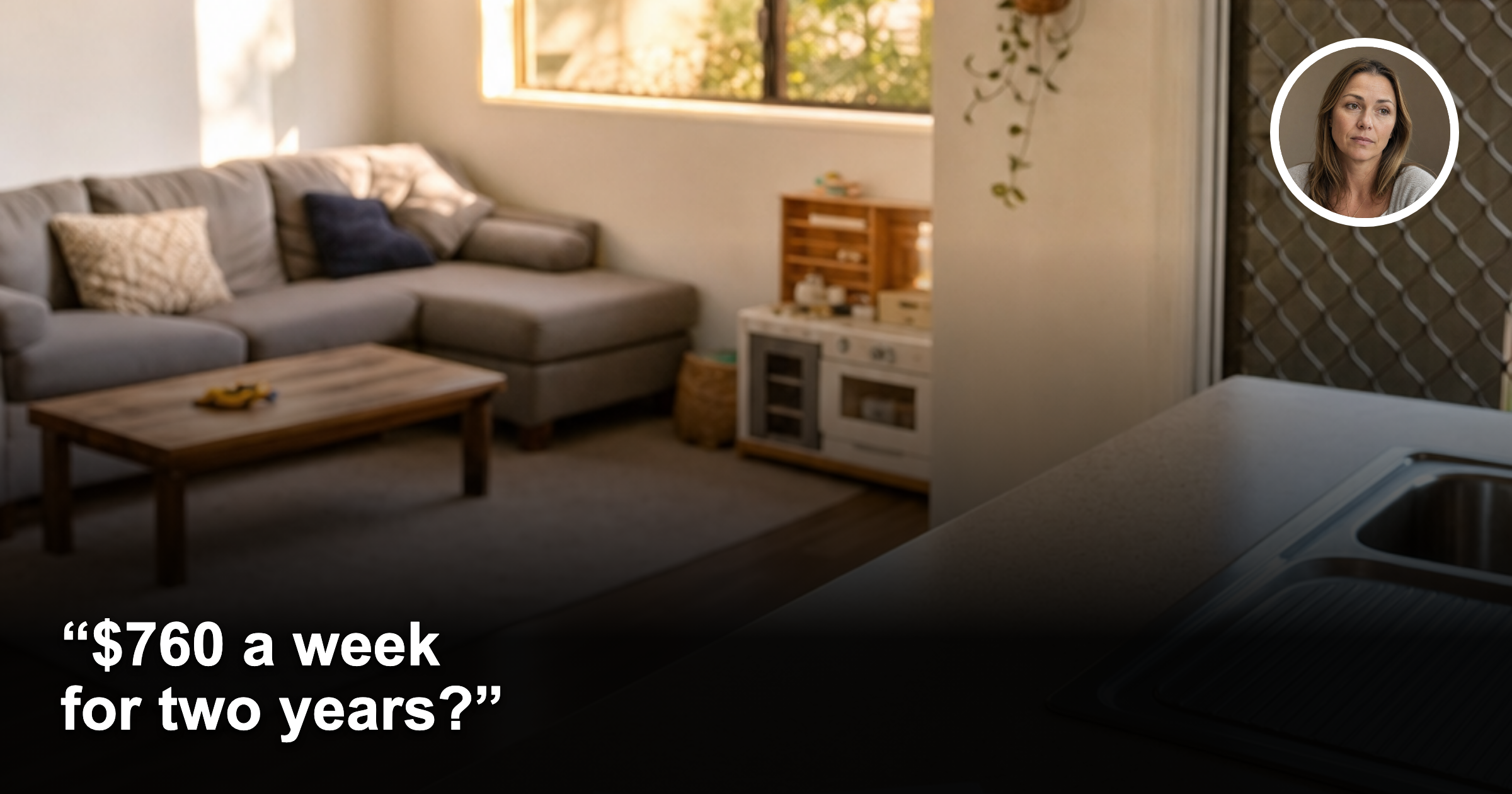 Australian rental living room with female headshot inset