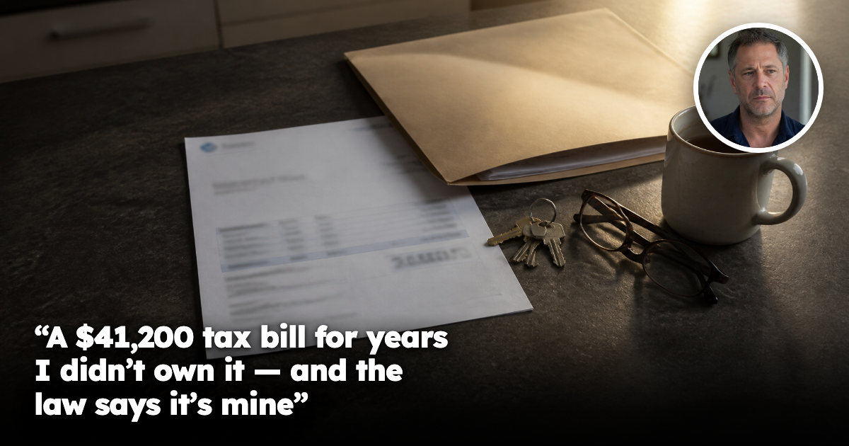 A government tax assessment notice on a kitchen bench beside house keys, reading glasses and a conveyancing folder