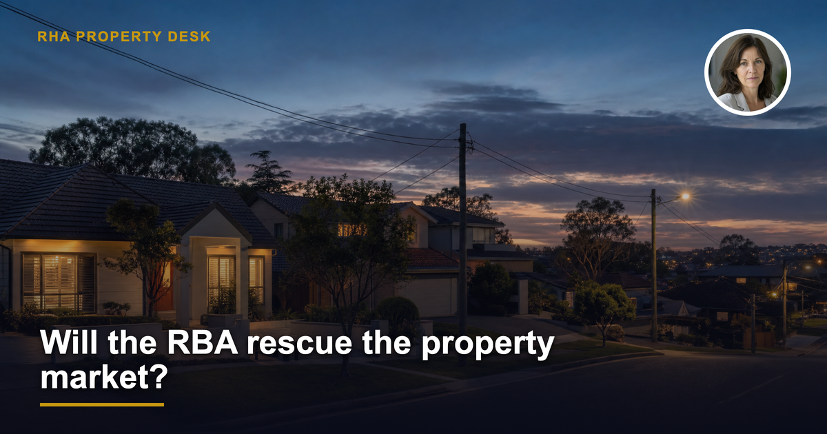 Australian suburban street at dusk with rate and property market editorial treatment