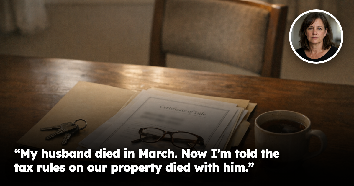 A kitchen table with an open folder of property ownership documents, a certificate of title, house keys and reading glasses beside an empty chair