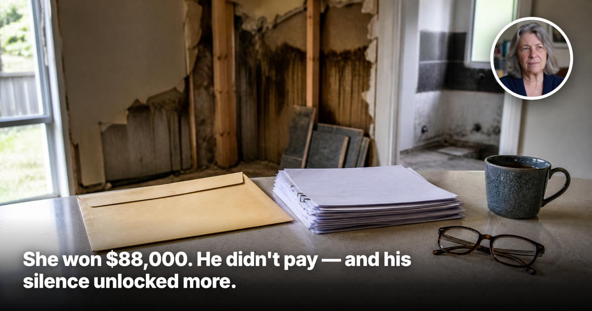 Tribunal order documents and an unopened legal envelope on a kitchen bench beside a partially demolished water-damaged bathroom wall