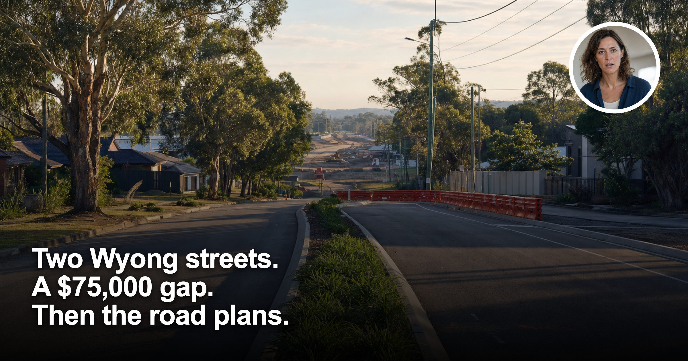Australian suburban road upgrade near Wyong with roadworks barriers and houses
